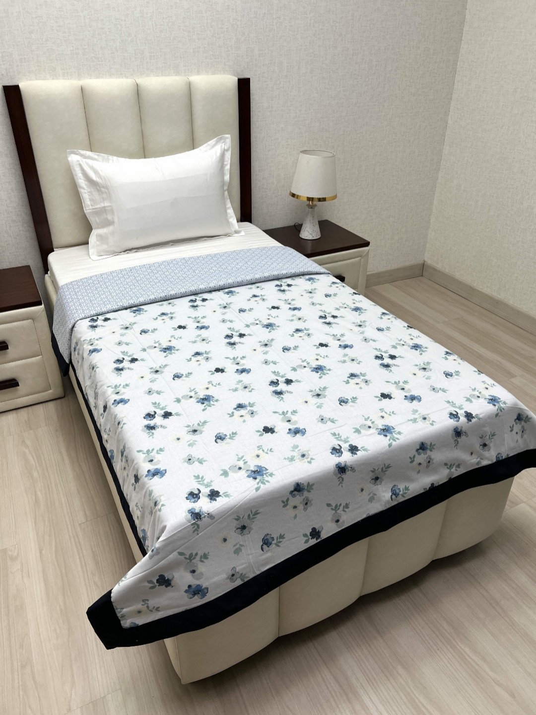 Pure Decor Sole Silken Blue & White Floral Printed Cotton AC Room Single Bed Dohar