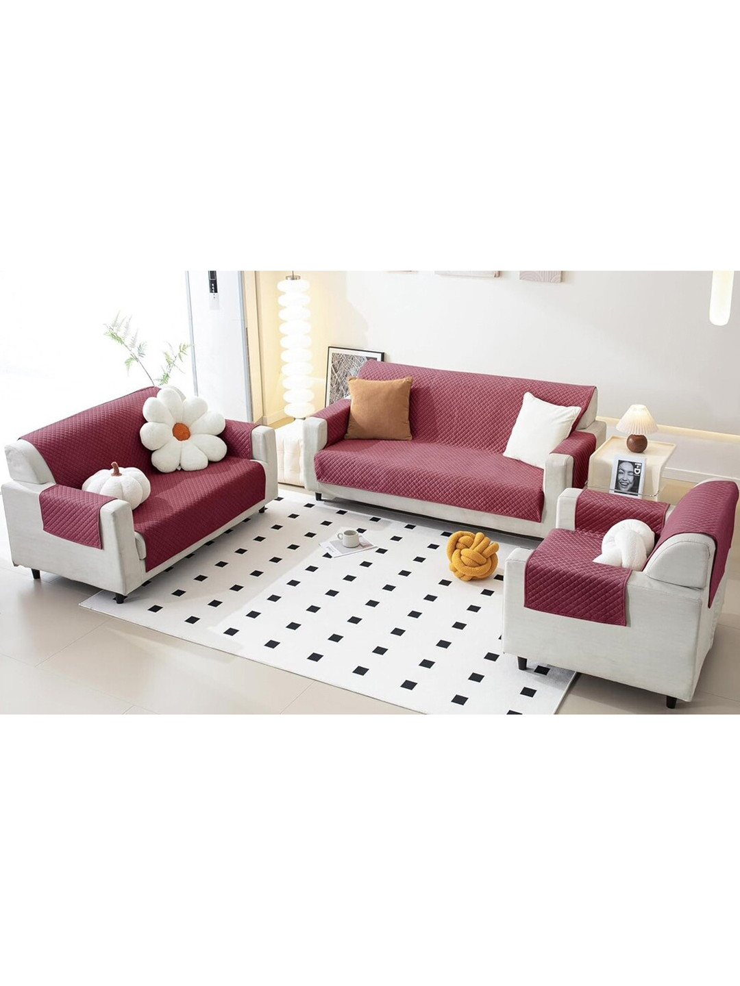 Fashion Throw Pink Checked Velvet 3 Piece Sofa Cover With Arms