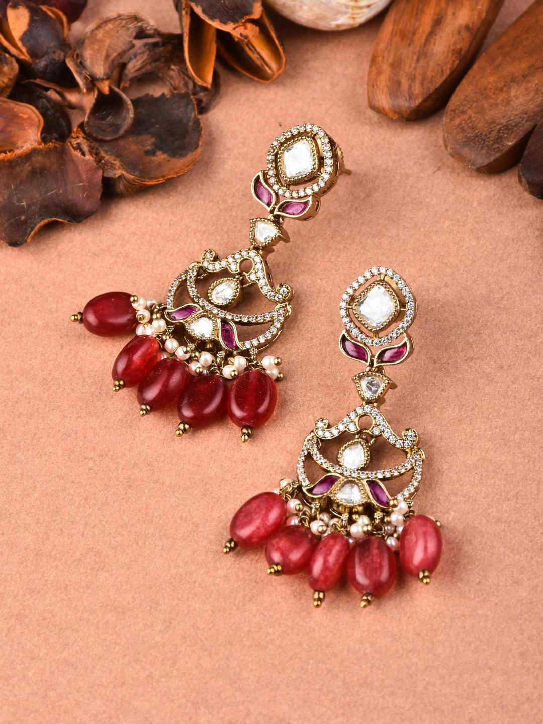 Reenisaa Gold-Plated Kundan Studded & Beaded Crescent Shaped Gulizaar Drop Earrings