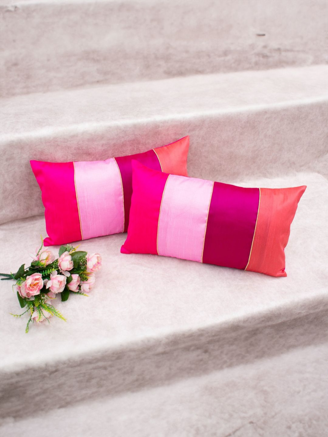RoyalDeco Pink Colourblocked Polyester Silk Color Fastness 2 Pcs Cushion Covers -12x20In