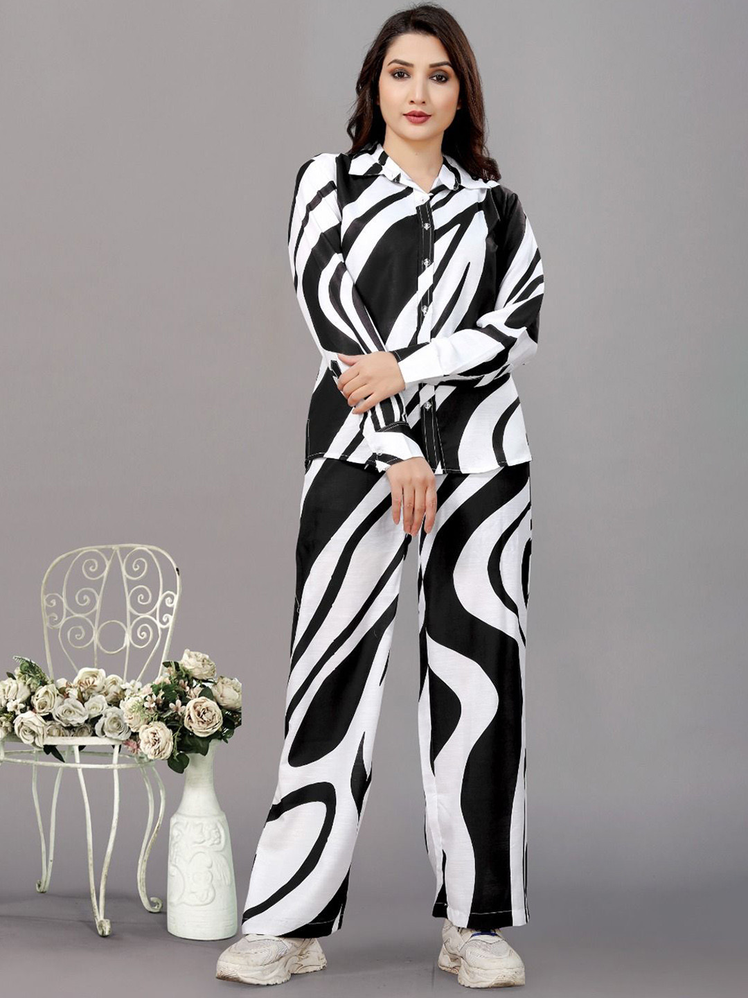 Snowdrip Printed Shirt Collar Shirt With Trousers Co-Ords