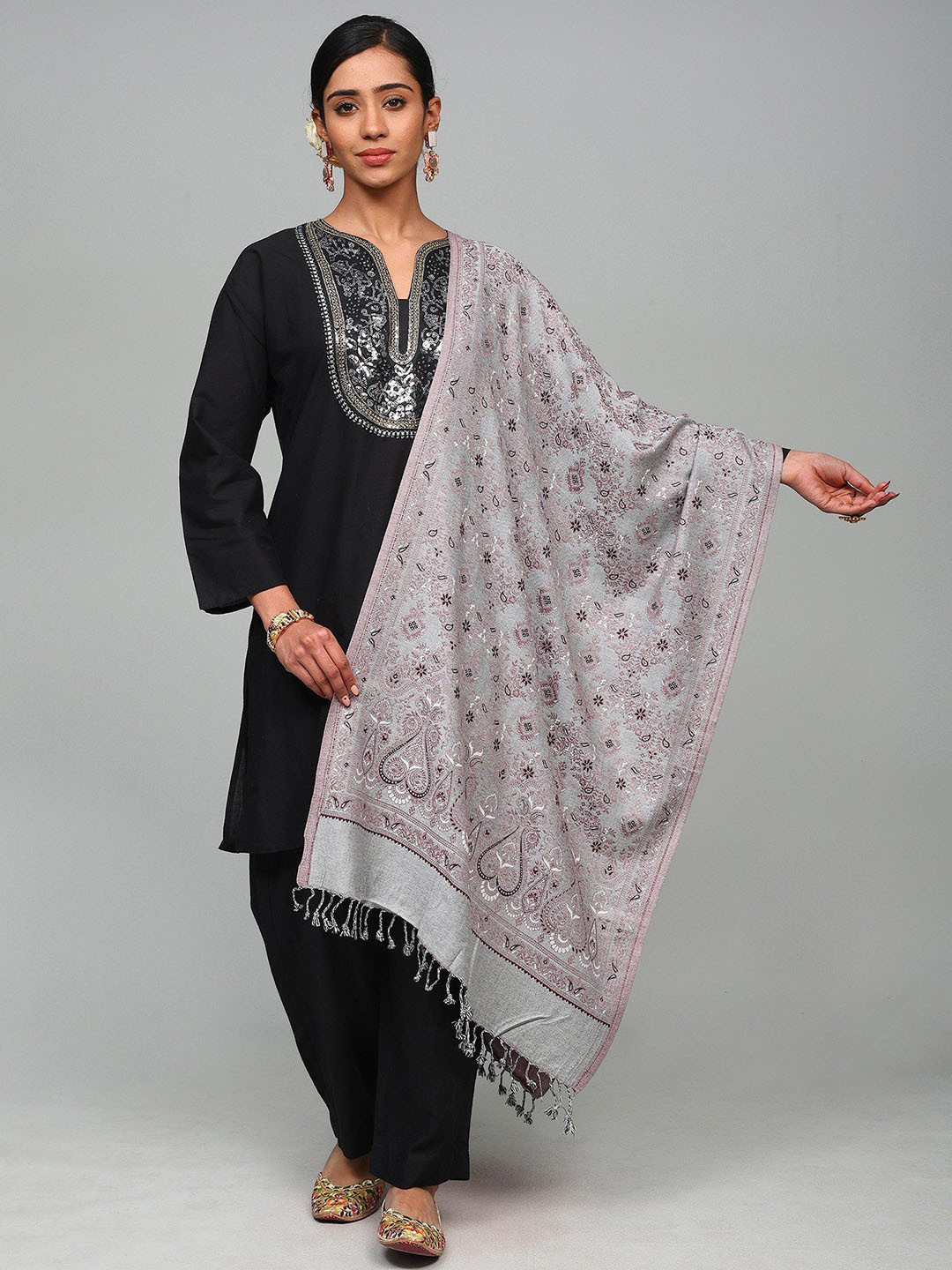 Exotic India Women Reversible Modal Jamawar Stole with Woven Flower And Paisley