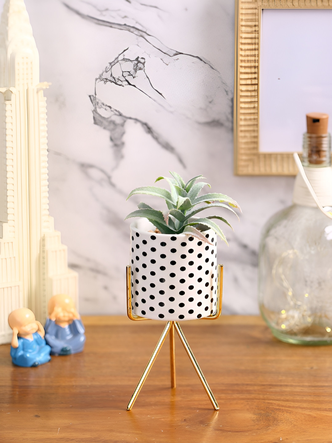 EarthCraft Green & Gold Toned Succulent Artificial Plant With Pot & Metal Tripod