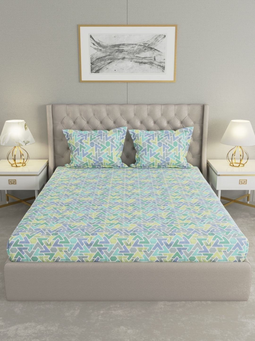 Raymond Home Green & Grey Geometric 200 TC Queen Bedsheet with 2 Pillow Covers