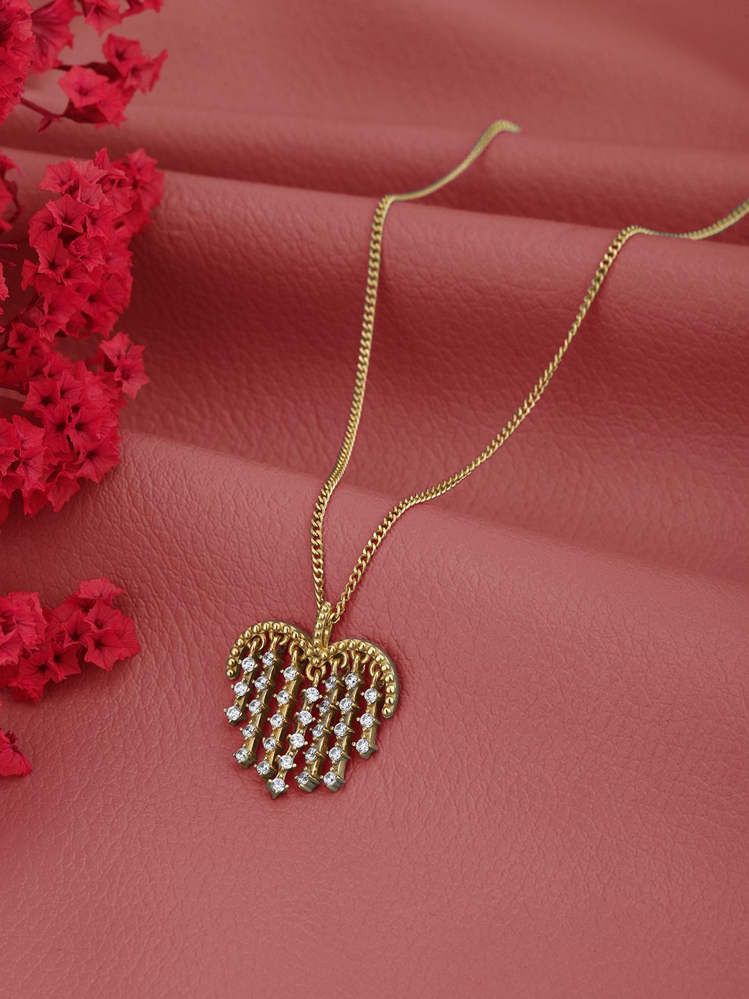 Carlton London 18kt Gold Plated CZ Heart Pendant with CZ Drops Chain