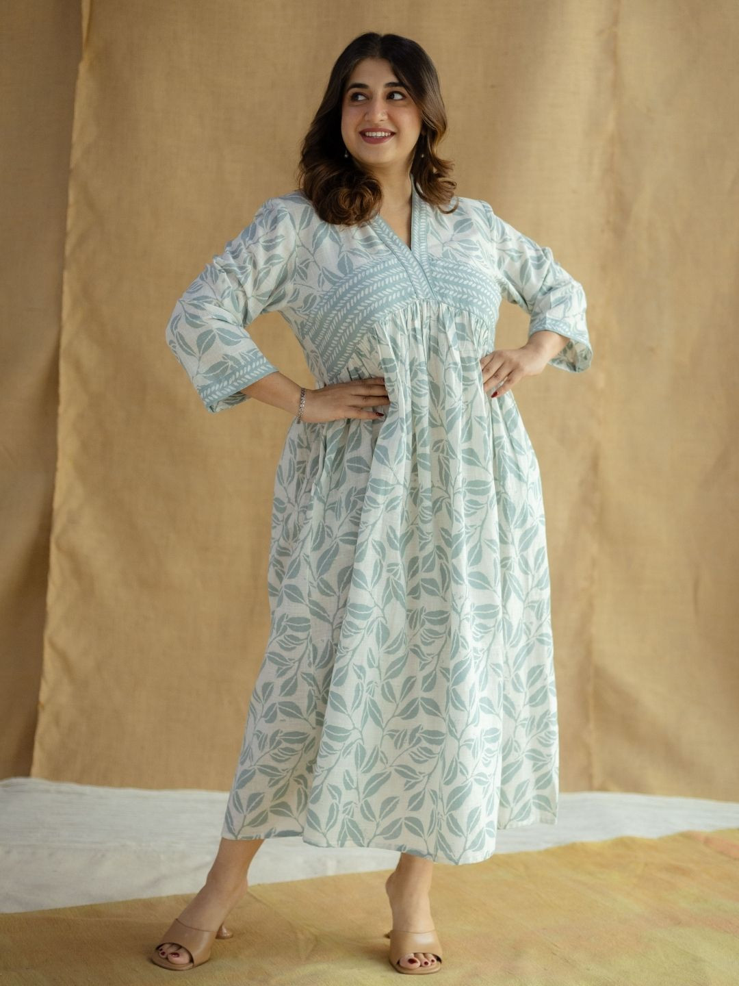 THE INDIAN ETHNIC CO Blue Handblock Printed Slub Cotton Dress