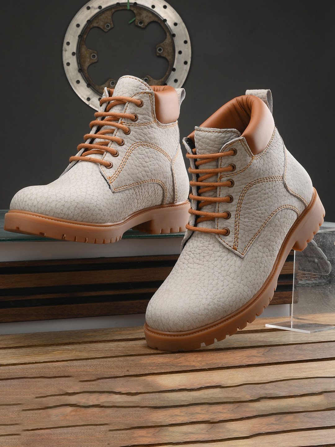 GALEX Men Leather Round Toe Block Heel Regular Boots