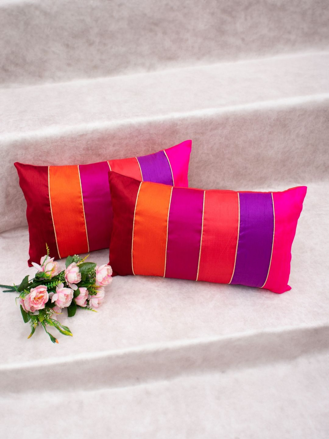 RoyalDeco Glam Shades Striped Silk 2 Pcs Textured Cushion Covers - 12 x 20 In