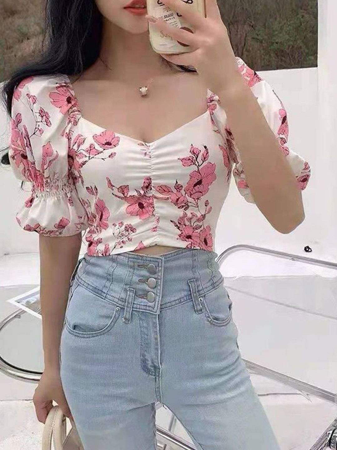 MADE FOR HER LABEL Floral Print Bell Sleeve Blouson Top