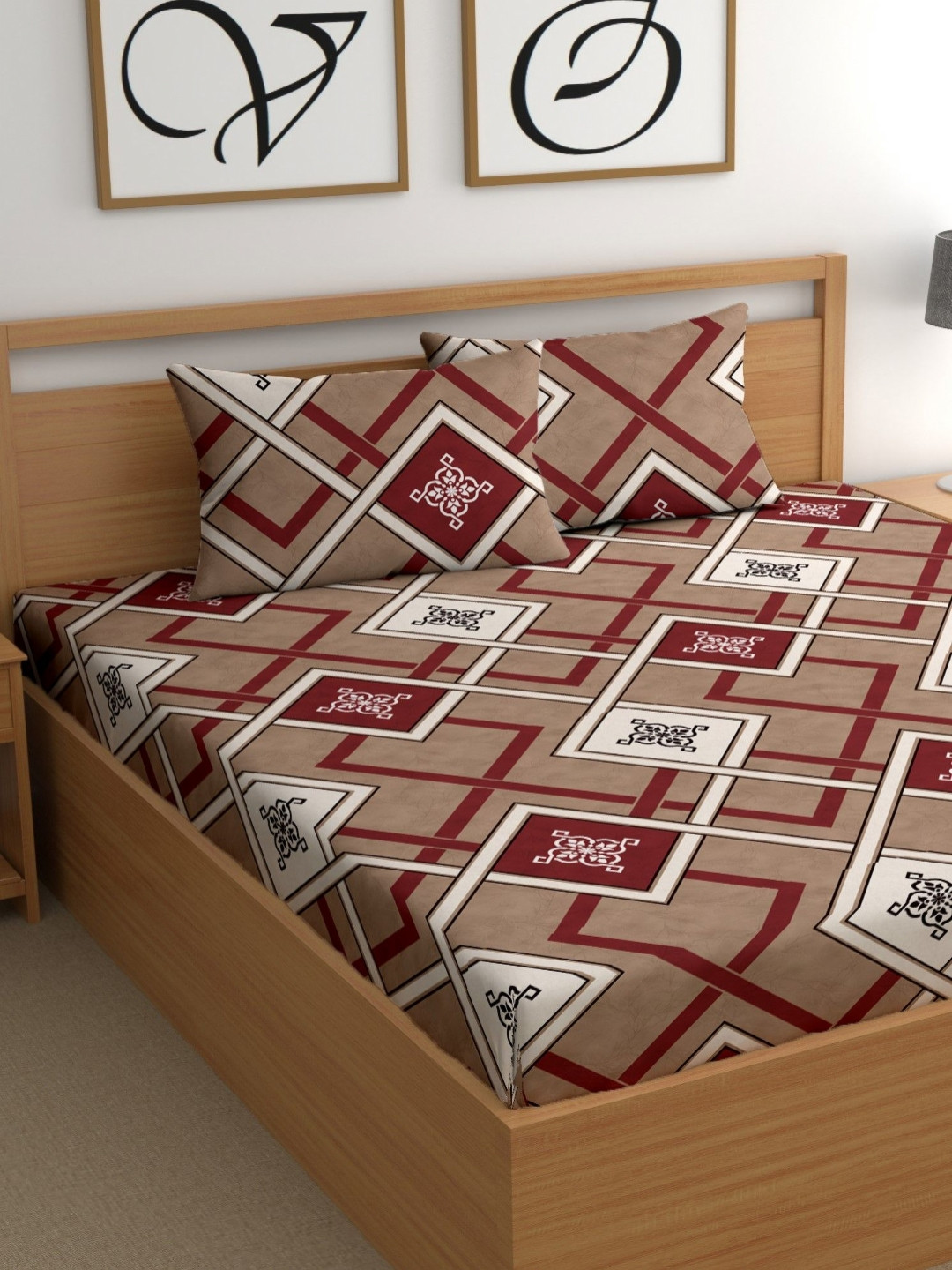 CG HOMES Kids Brown Abstract Polycotton 210 TC Fitted King Fine Bedsheet with 2 Pillow Covers-198 x 183 cm