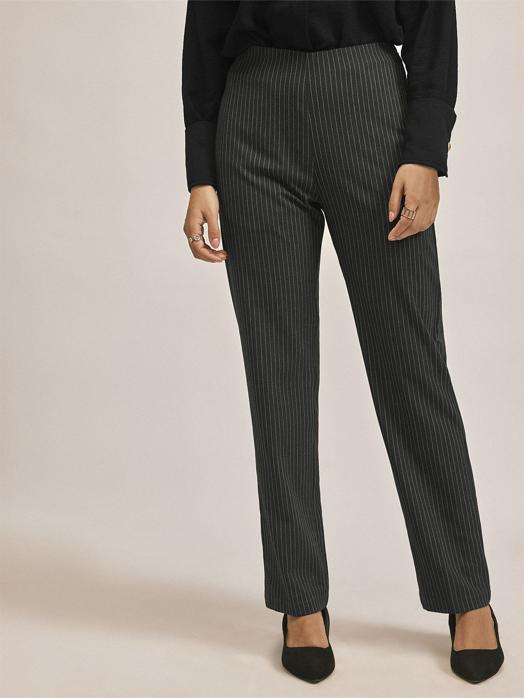 The Label Life Women PinStriped Slim Fit High-Rise Formal Trousers