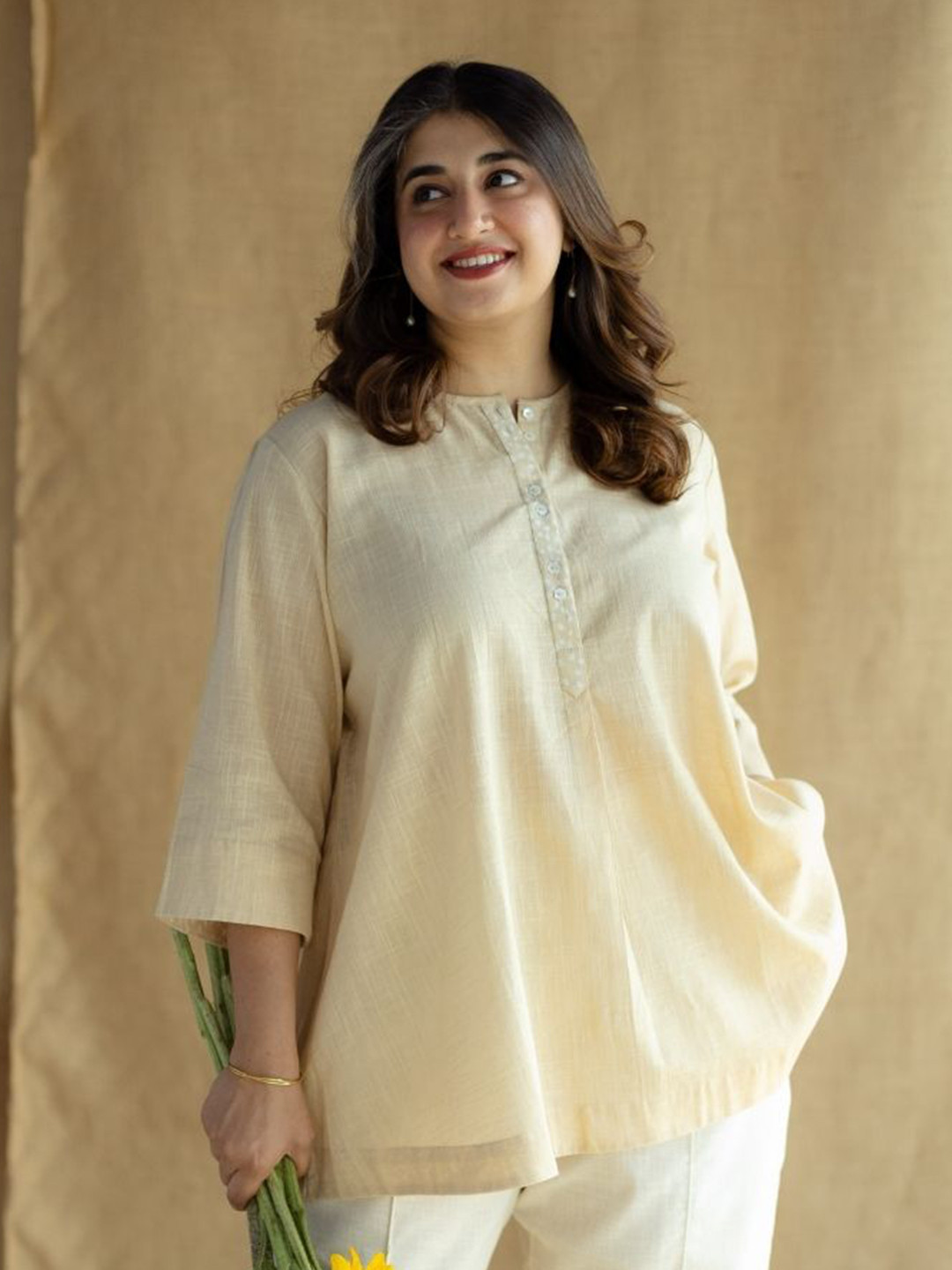 THE INDIAN ETHNIC CO Cream A-Line Solid Slub Cotton Short Top
