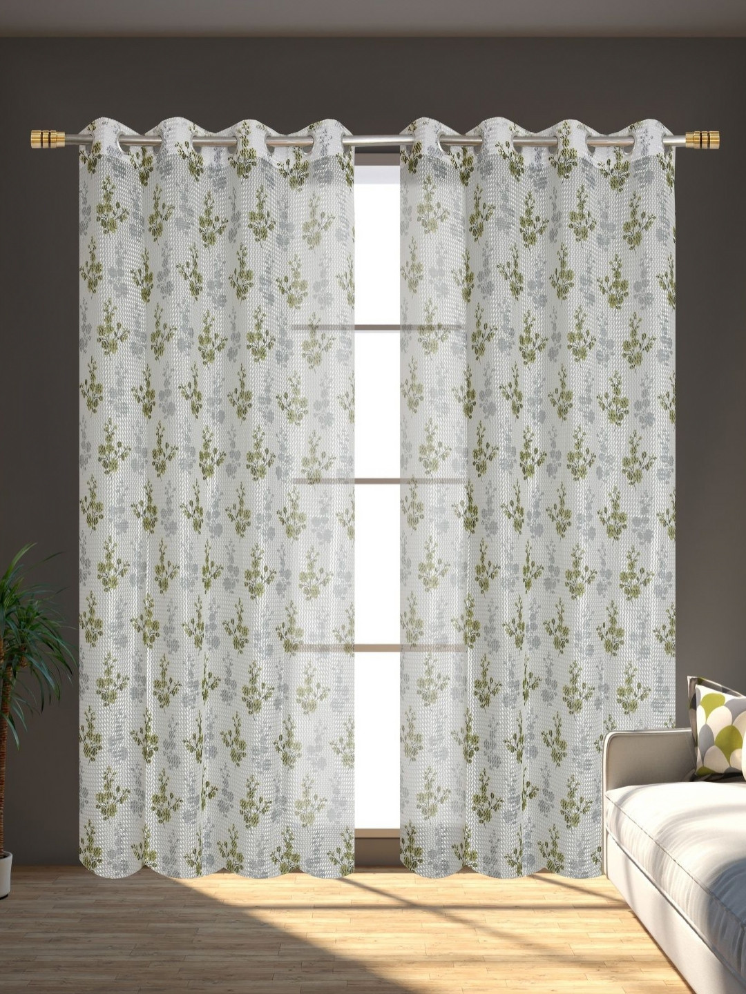 Galaxy Home Decor White And Green 2 Pieces Floral Sheer Window Curtains