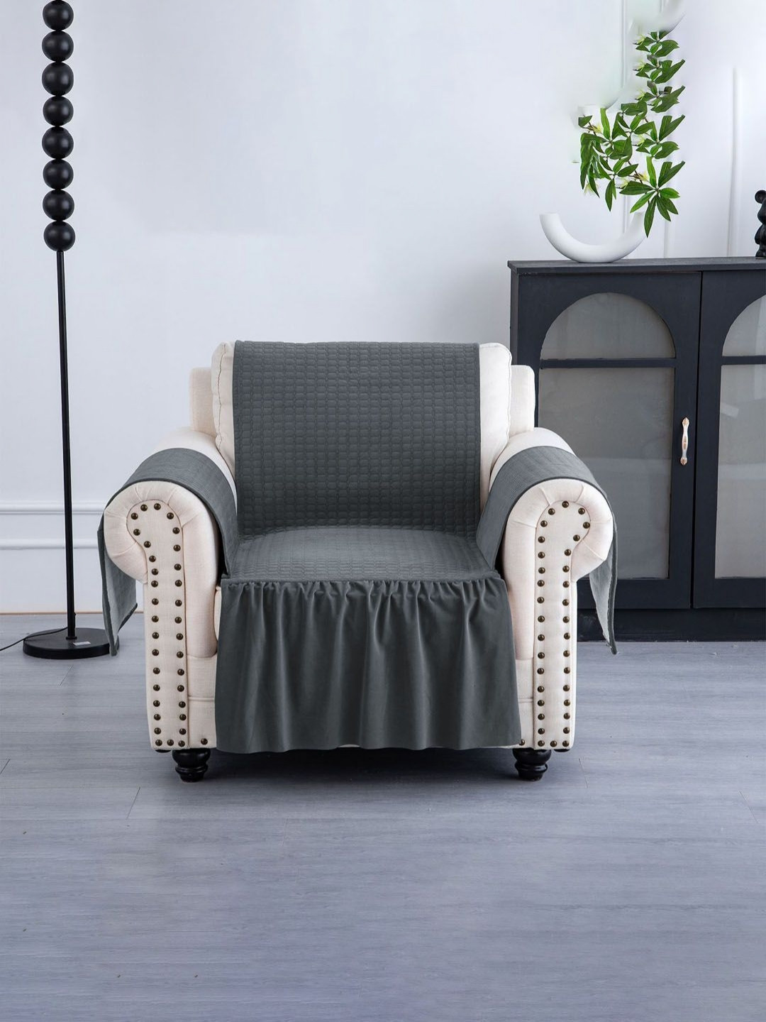 Aura Grey Velvet 1 Piece Single Seater Soft Velvet Full Sofa Cover with Pocket Arms