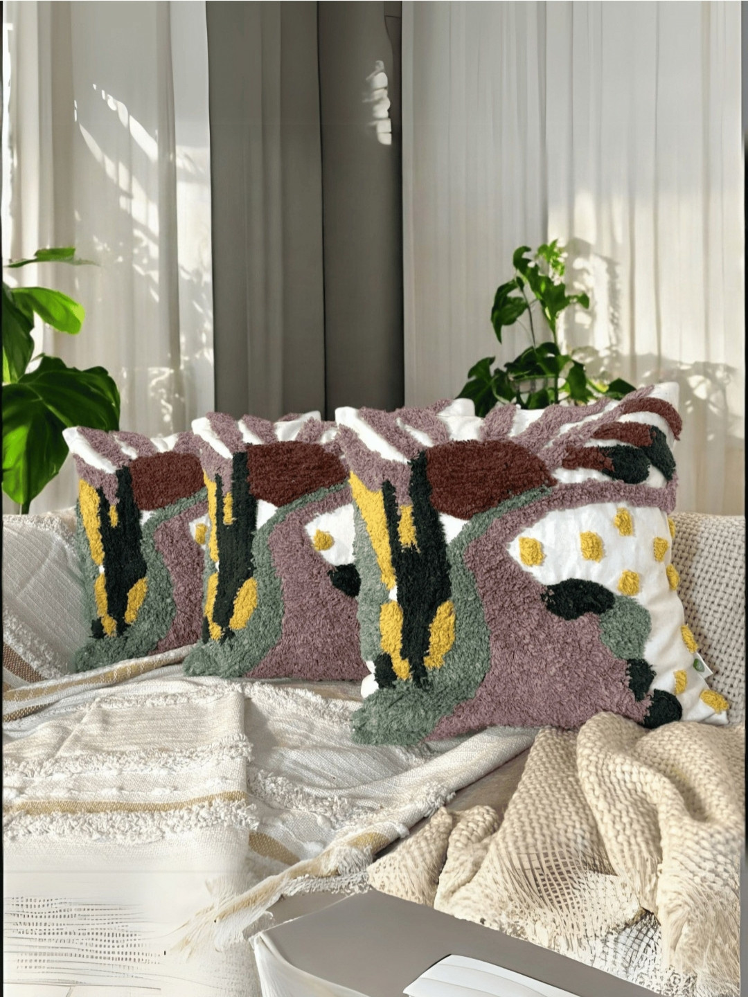 LUSHLYF Earthy Essence Tufted Embroidered Cotton 3 Pcs Cushion Covers - 17.7 x 17.7 In