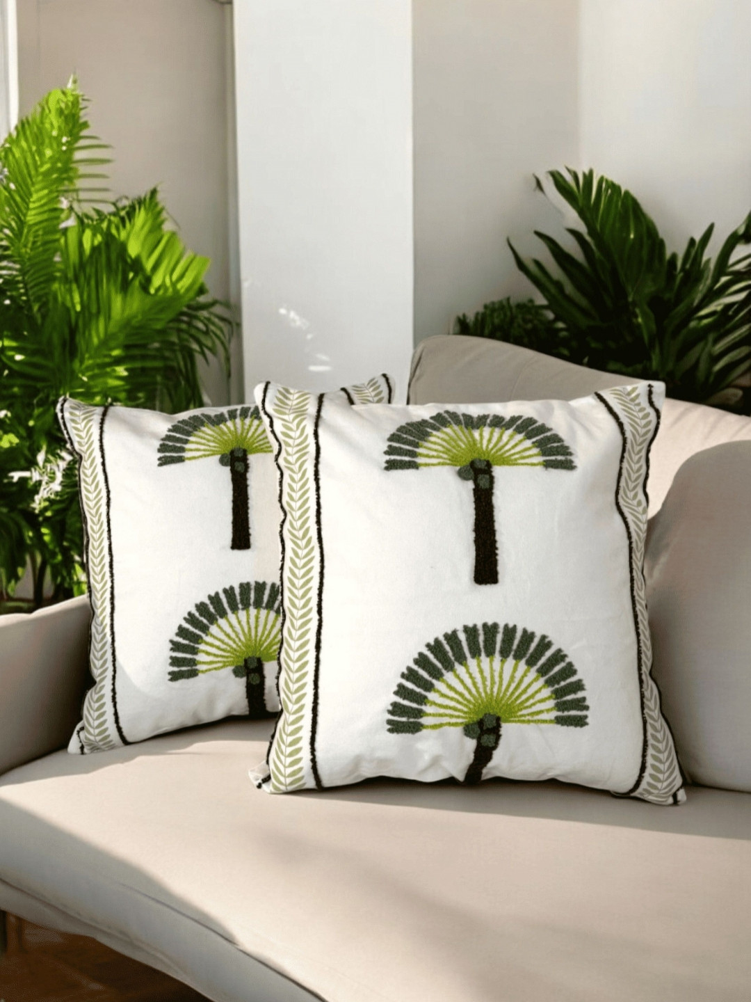 LUSHLYF Palm Grove White Quirky Cotton 2 Piece Textured Square Cushion Covers -18x18In