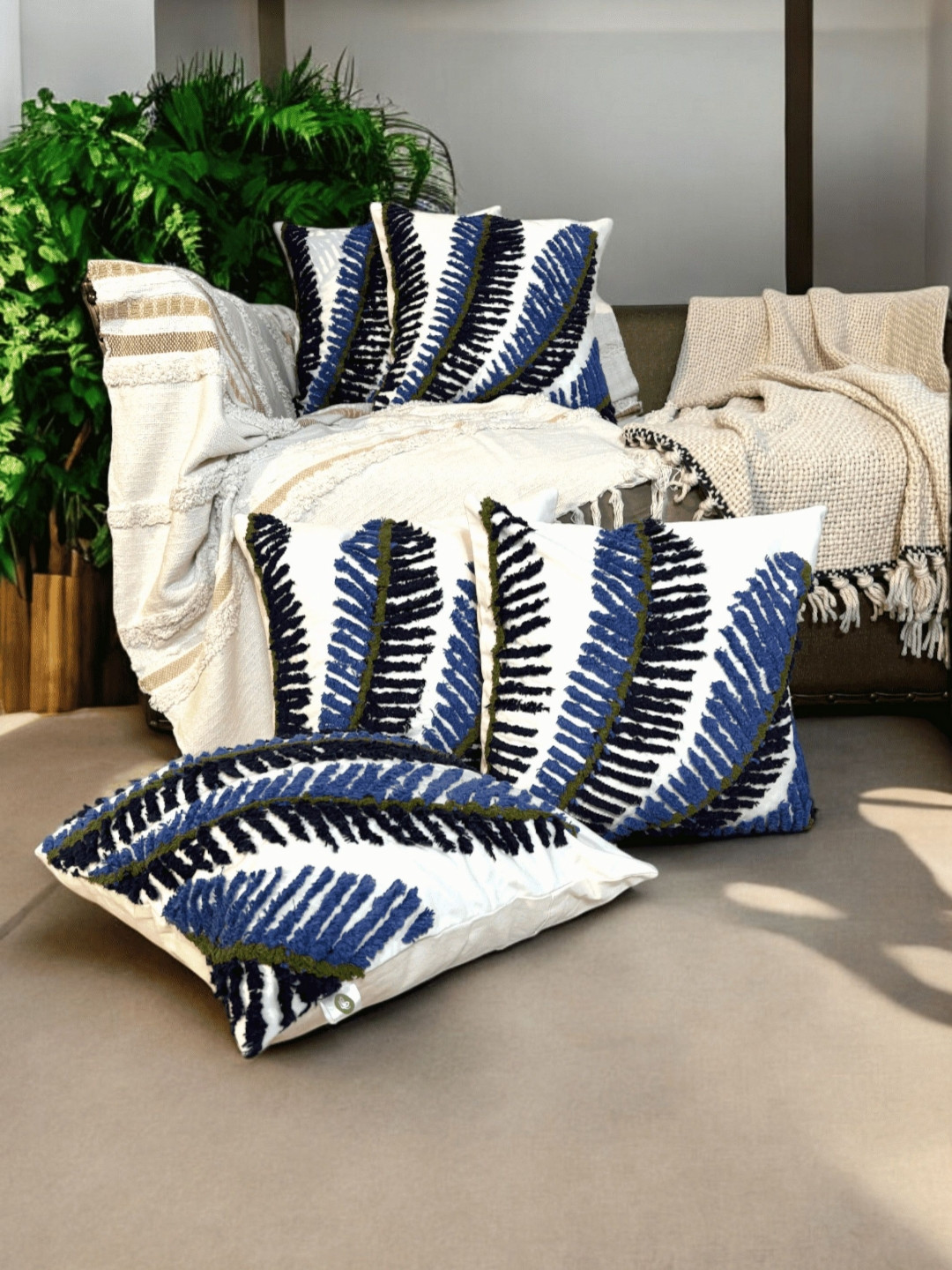 LUSHLYF Noir Luxe Blue Cotton 5 Piece Embroidered Square Cushion Covers -18x18In