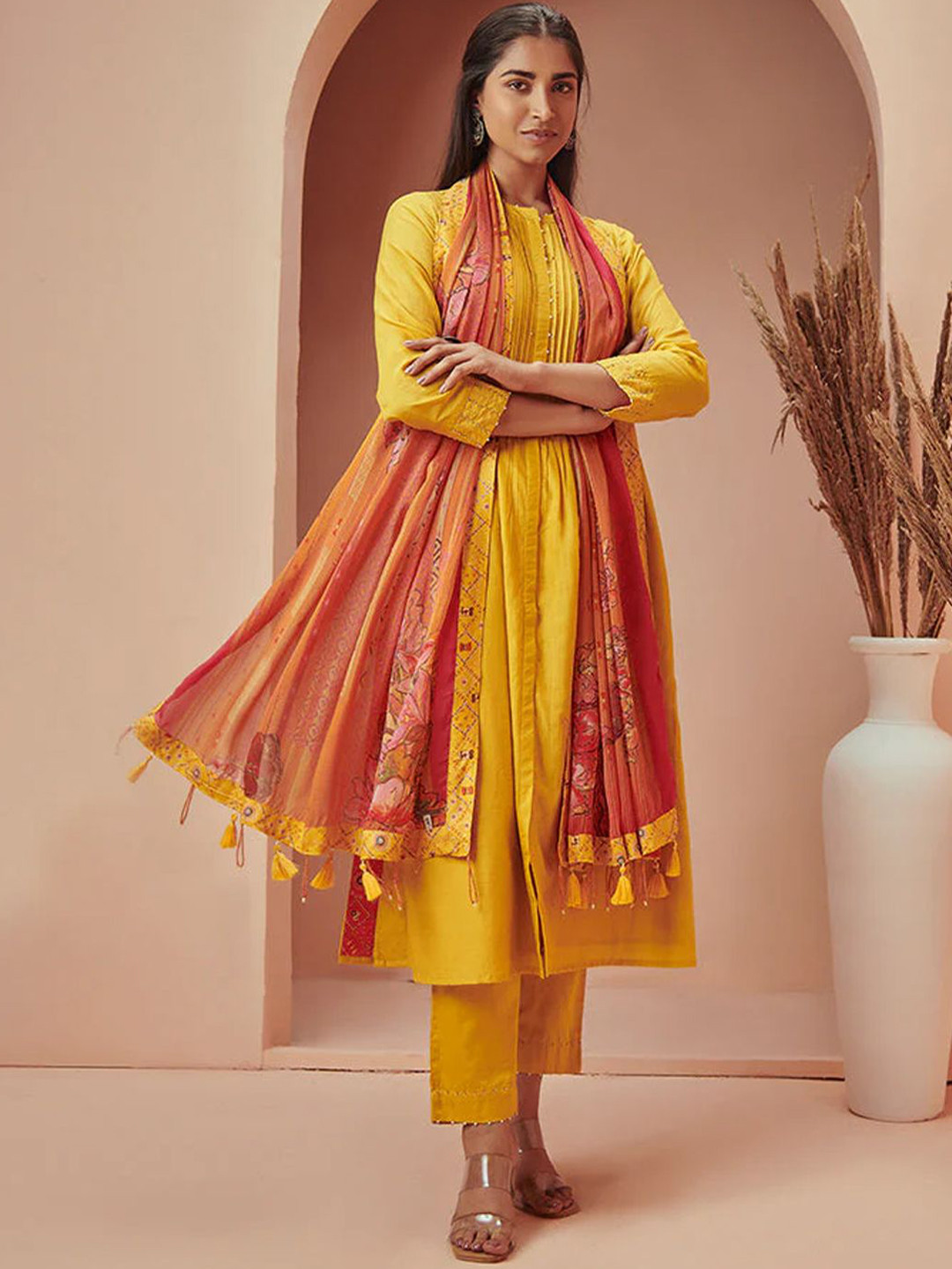 SAUNDH Mandarin Collar Raw Silk A-Line Kurta With Trousers & Dupatta