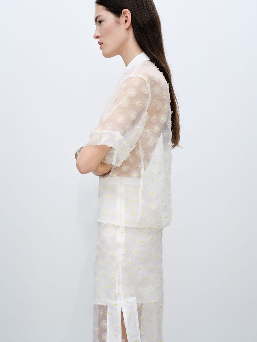 MANGO Floral Print Sheer Shirt Style Top With Embroidered Detail