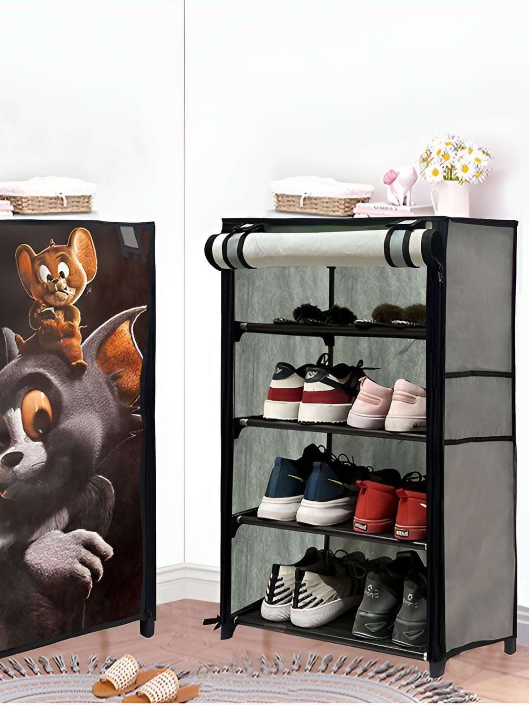 Rmerchants Grey Printed 4-Layer Shoe Rack With Cover