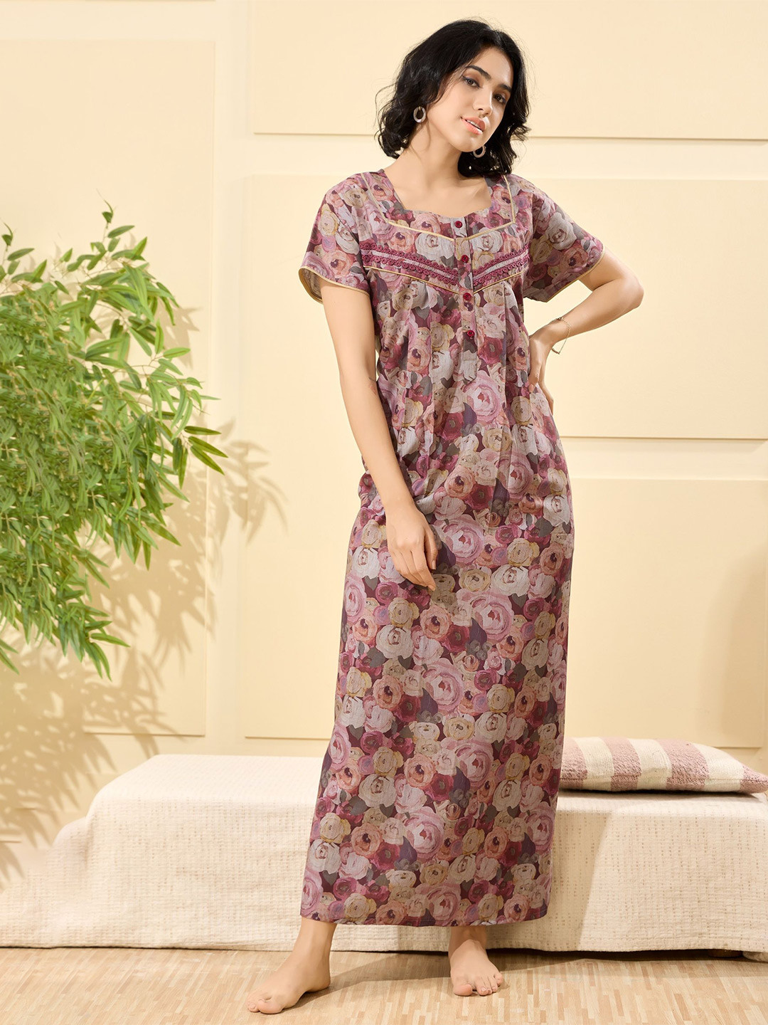 Glamoras Women Bizzy Lizzy Cotton Blend Printed Side Pocket Maxi Night Gown Nightdress