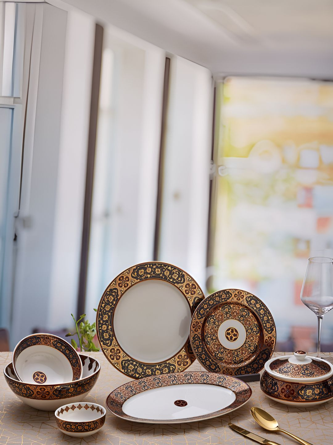 Naqsh Living Begum Collection Brown Geometric Porcelain Highlighted with4k Gold Print 22 Piece Dinner Set