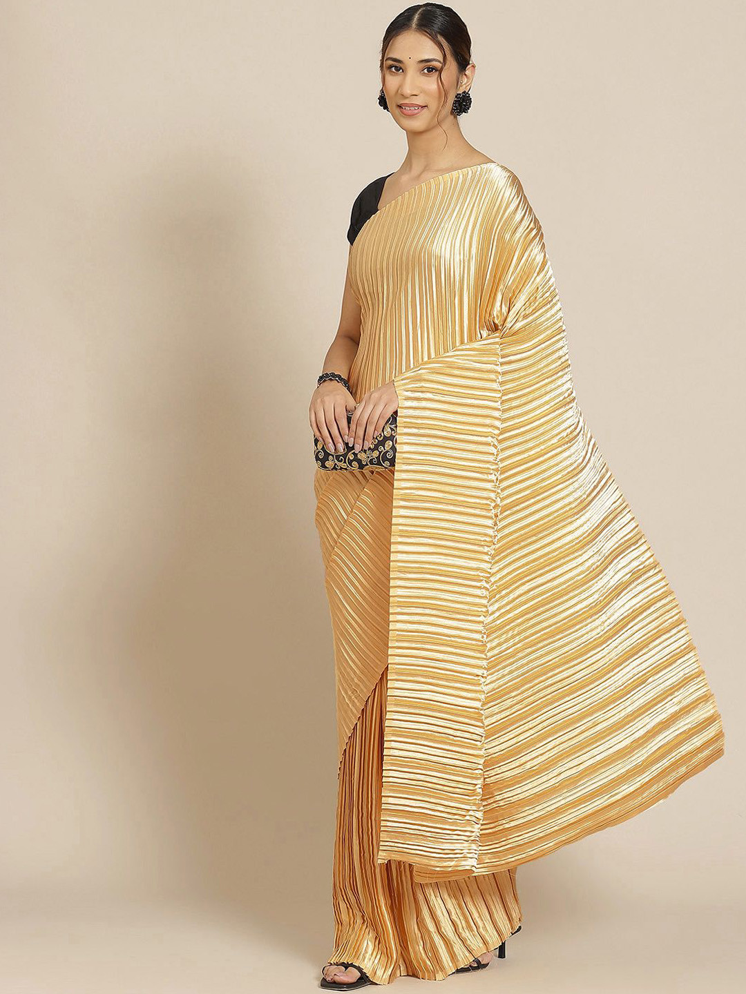 Warthy Ent Satin Pleated Saree With Blouse Piece