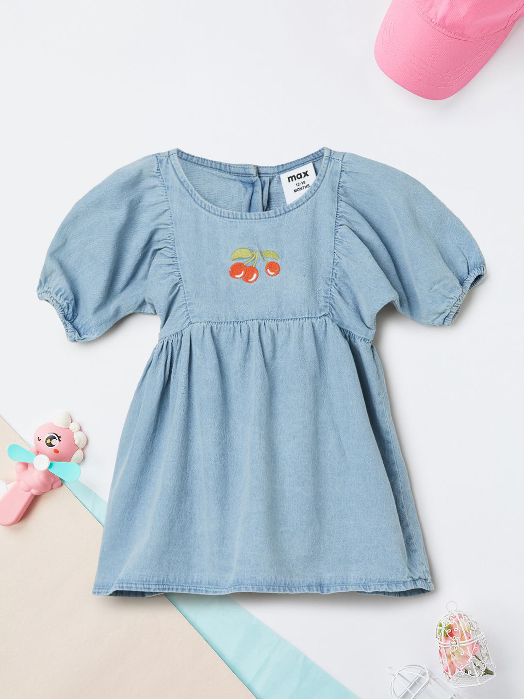 max Girls Embroidered Puffed Sleeve A-Line Dress