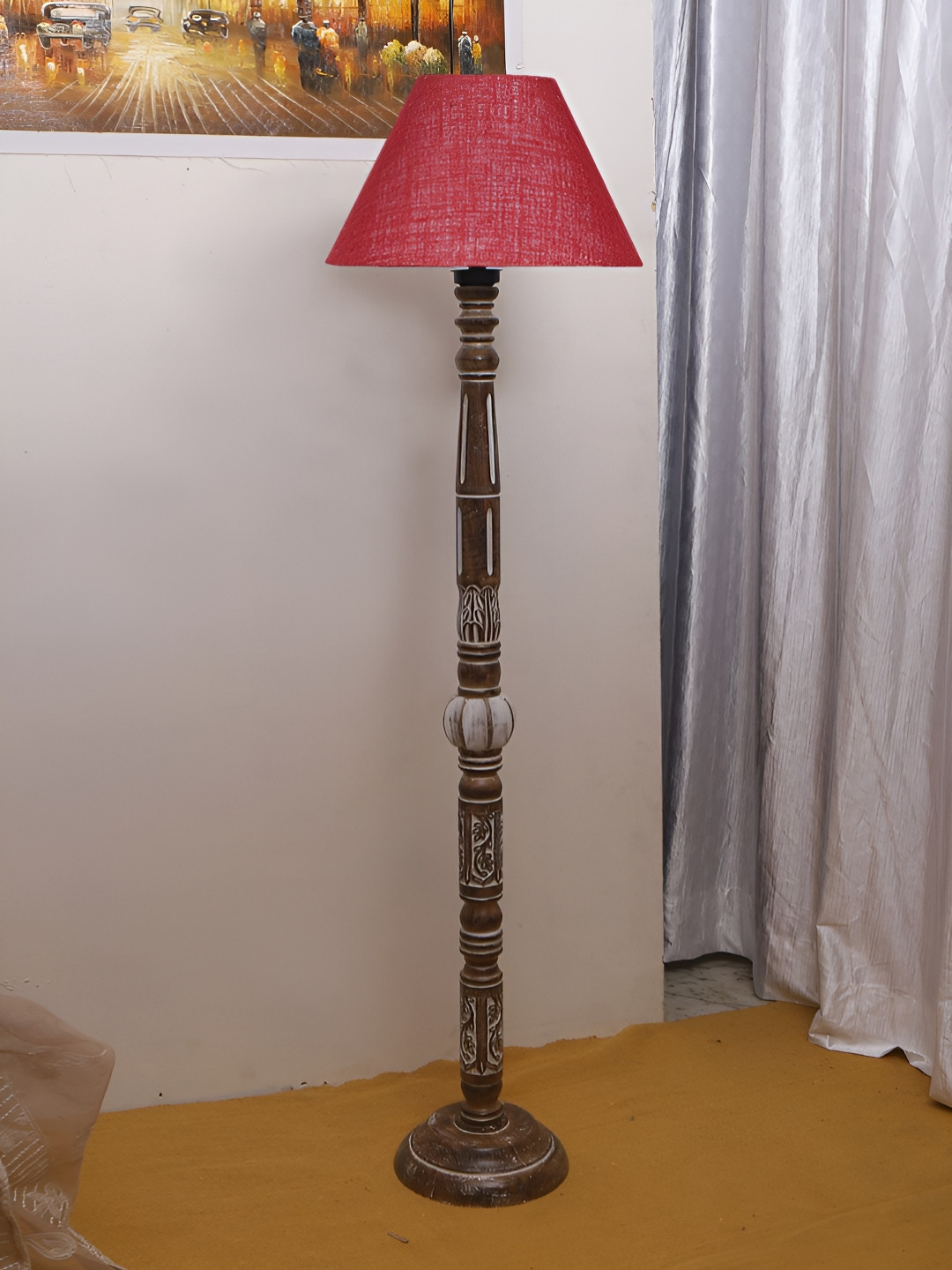 Devansh Maroon & Brown Conical Open Snake Wooden Floor Lamp