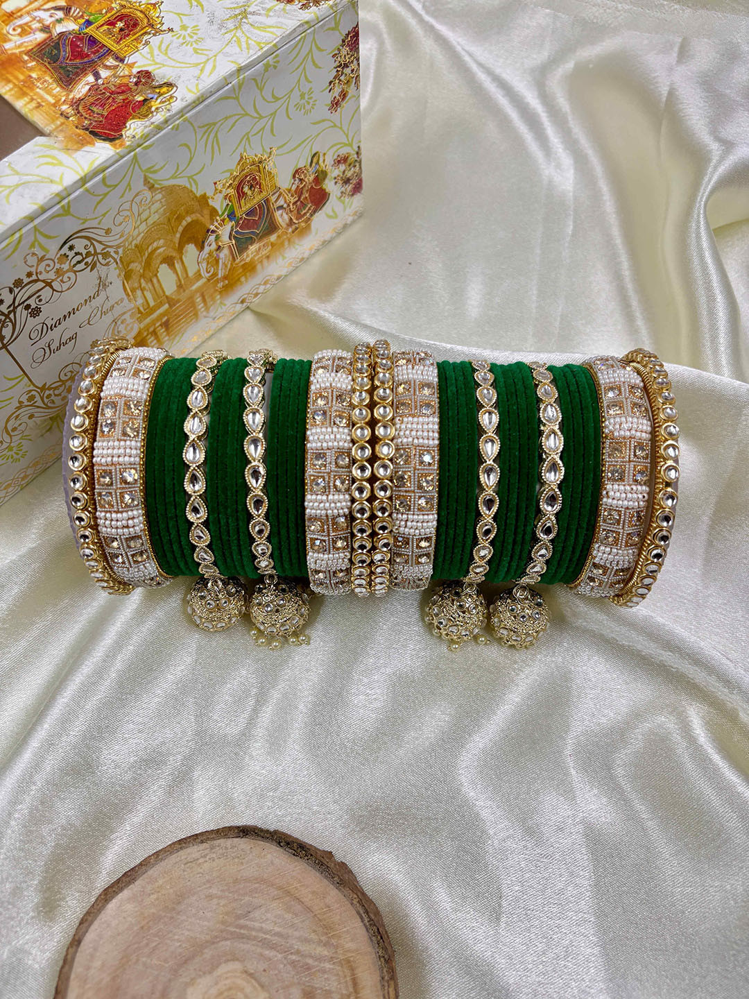 Wedding Chuda by Hitesh Set Of 2 Royal Green -Studded Golden Bangles