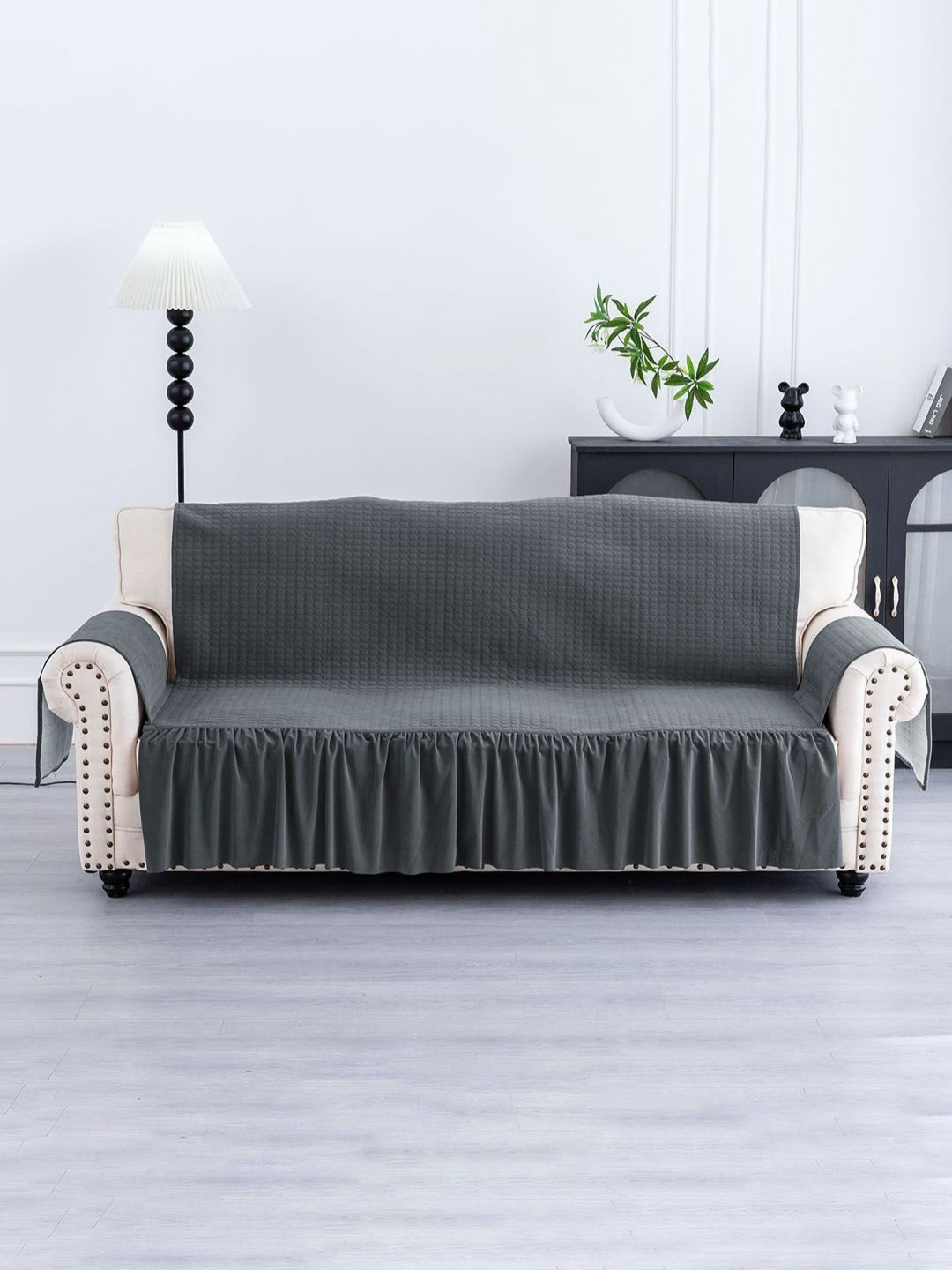 Aura Grey Velvet 1 Piece 3 Seater Soft Velvet Full Sofa Cover with Pocket Arms