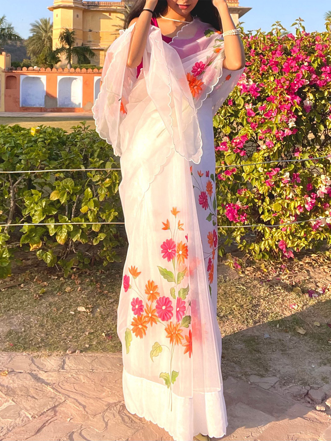 Noor by Hansa White Hand-Painted Organza Silk Saree