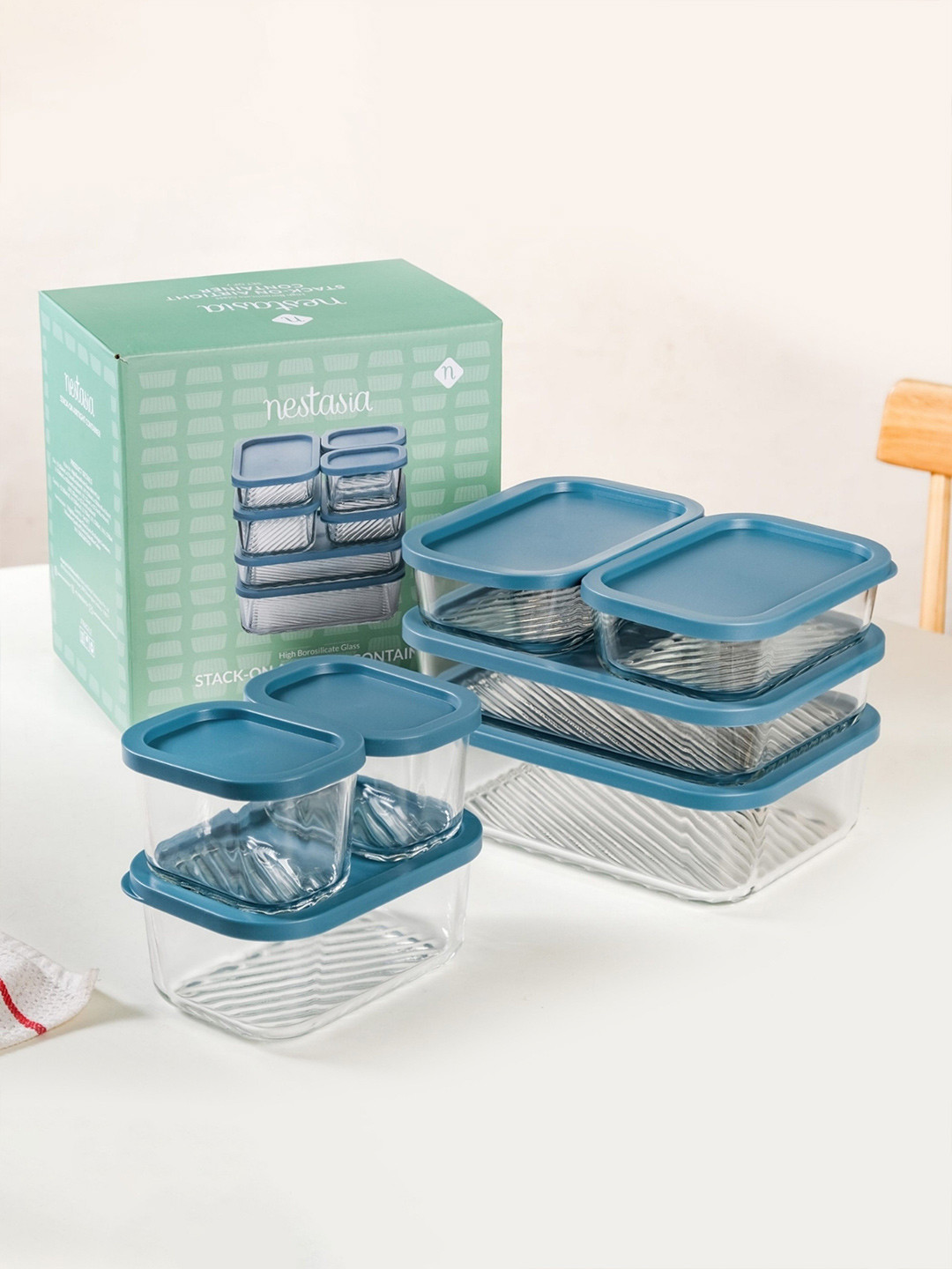 Nestasia 7 Pcs Grooved Base Glass Airtight Containers