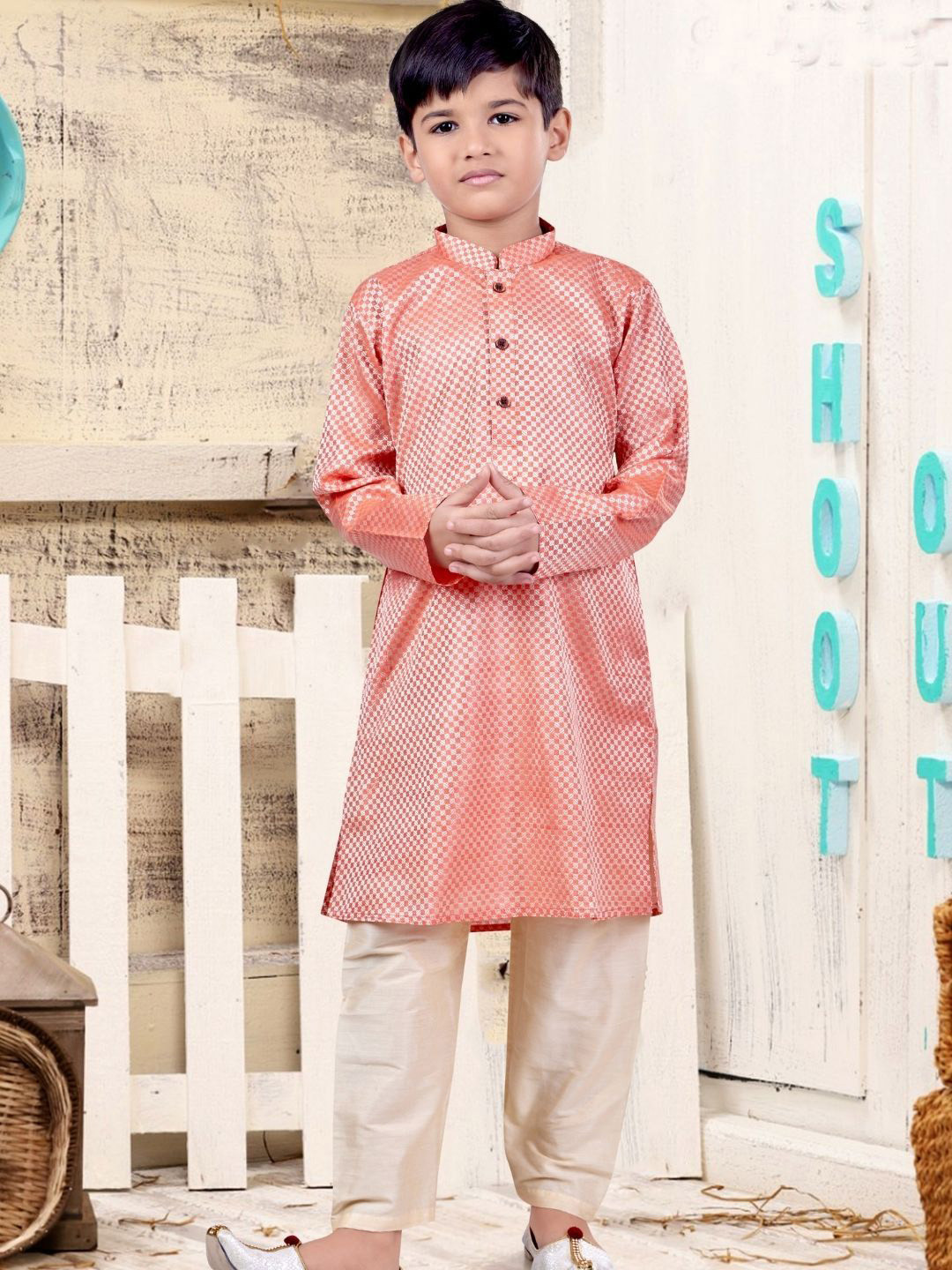 Pehanaava Boys Abstract Woven Design Mandarin Collar Eid Festive Kurta With Pyjamas & Topi
