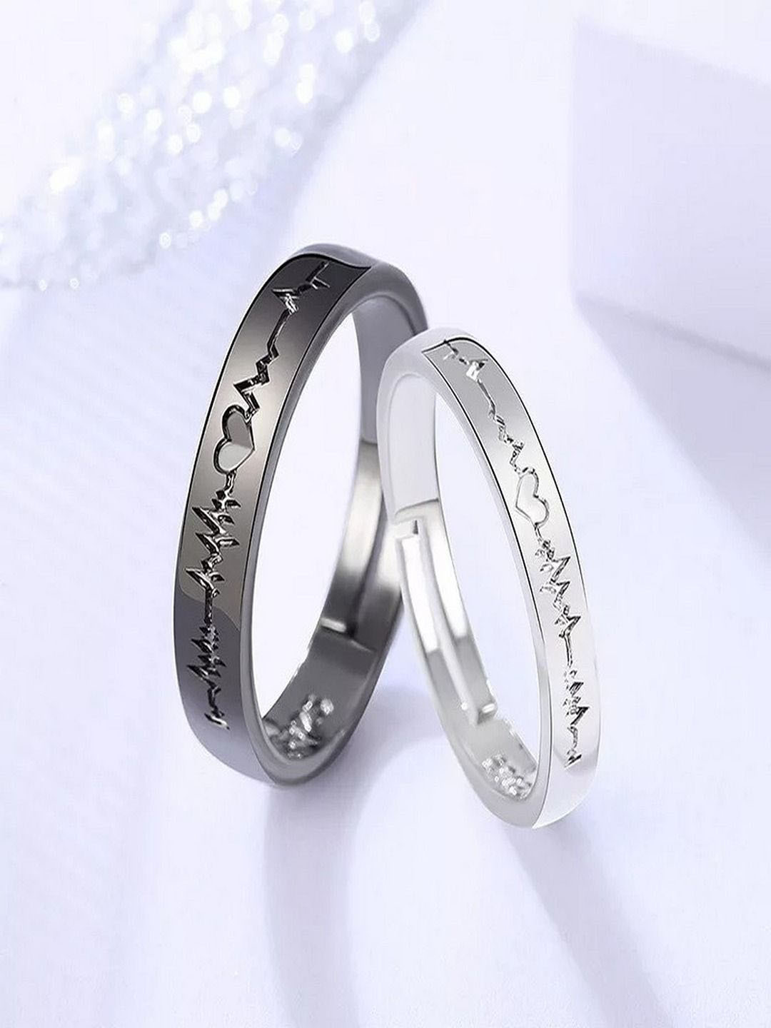 DIVASTRI Set Of 2 Silver-Plated ECG Heart-Beat Couple Finger Rings