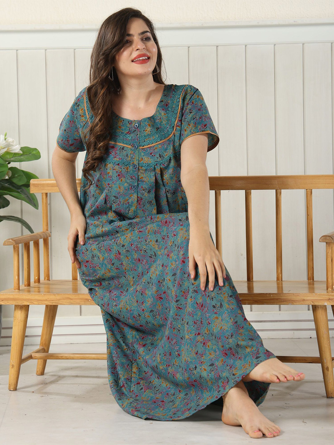 Glamoras Women Bizzy Lizzy Cotton Blend Printed Side Pocket Maxi Night Gown Nightdress