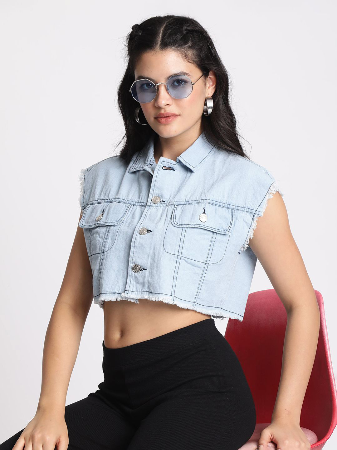 The Roadster Lifestyle Co Denim Boxy Fit Cropped Shirt
