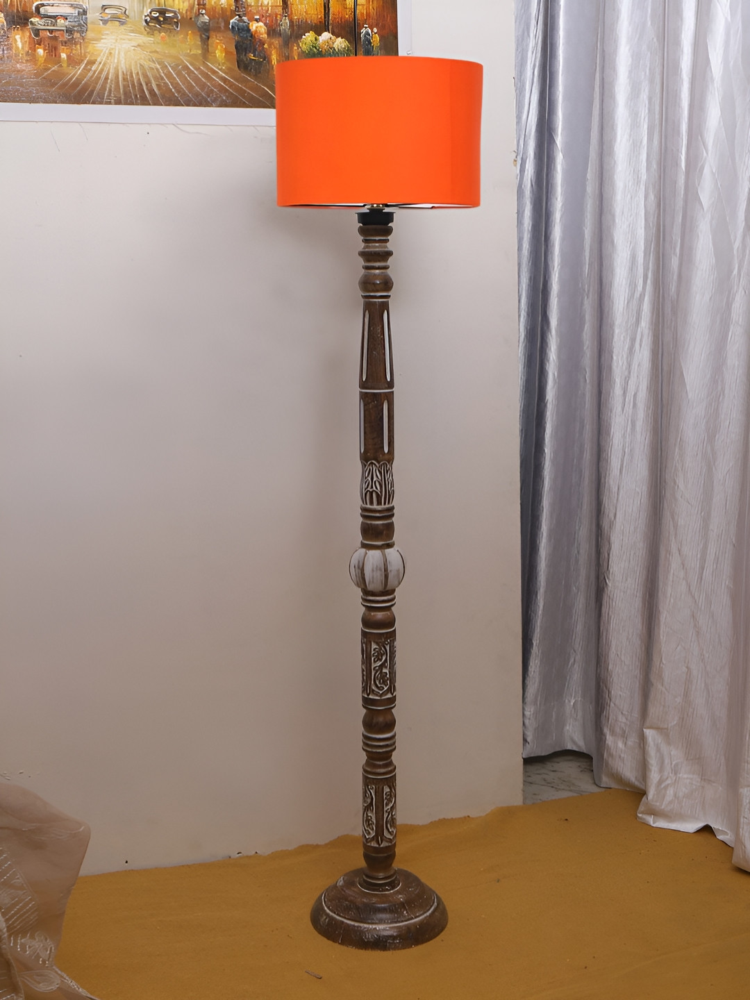 Devansh Orange-Colored Drum Wooden Floor Lamp