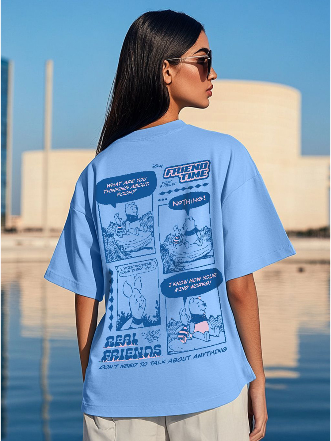 JUNEBERRY Winnie The Disney Pooh & Piglet Blue Printed Pure Cotton Oversized T-shirt