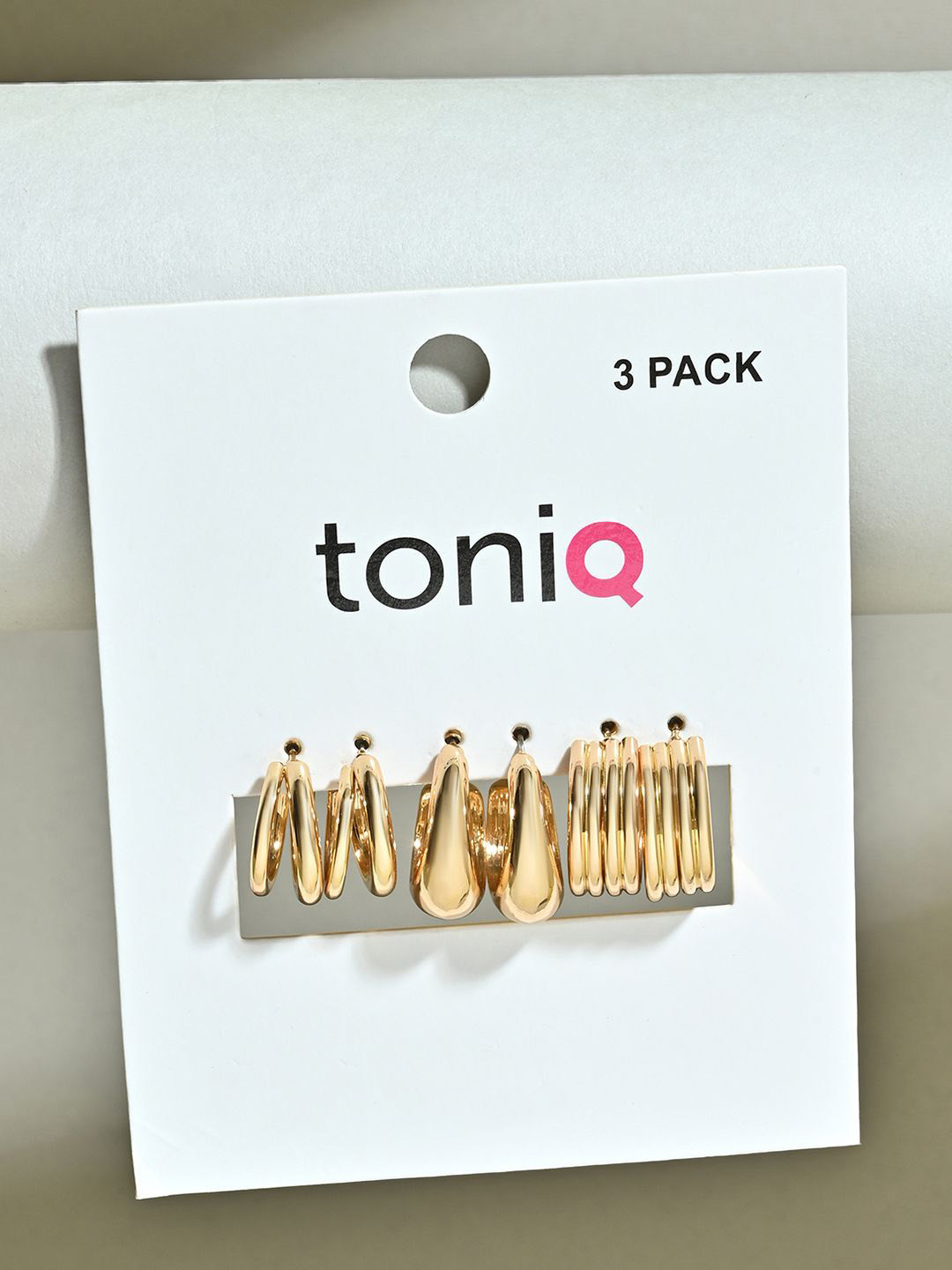 ToniQ Set of 3 Gold-Toned Molten Hoop and Stud Earrings