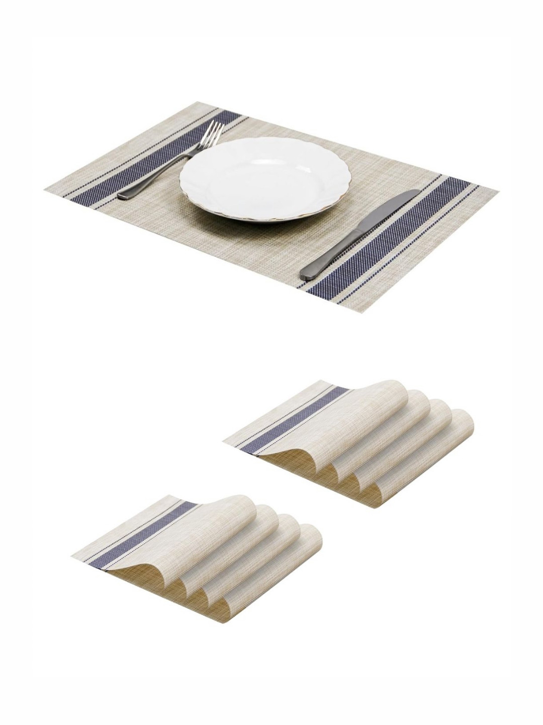 YELONA White & Blue 8 Pieces PVC Heat & Stain Resistant Washable Table Placemats