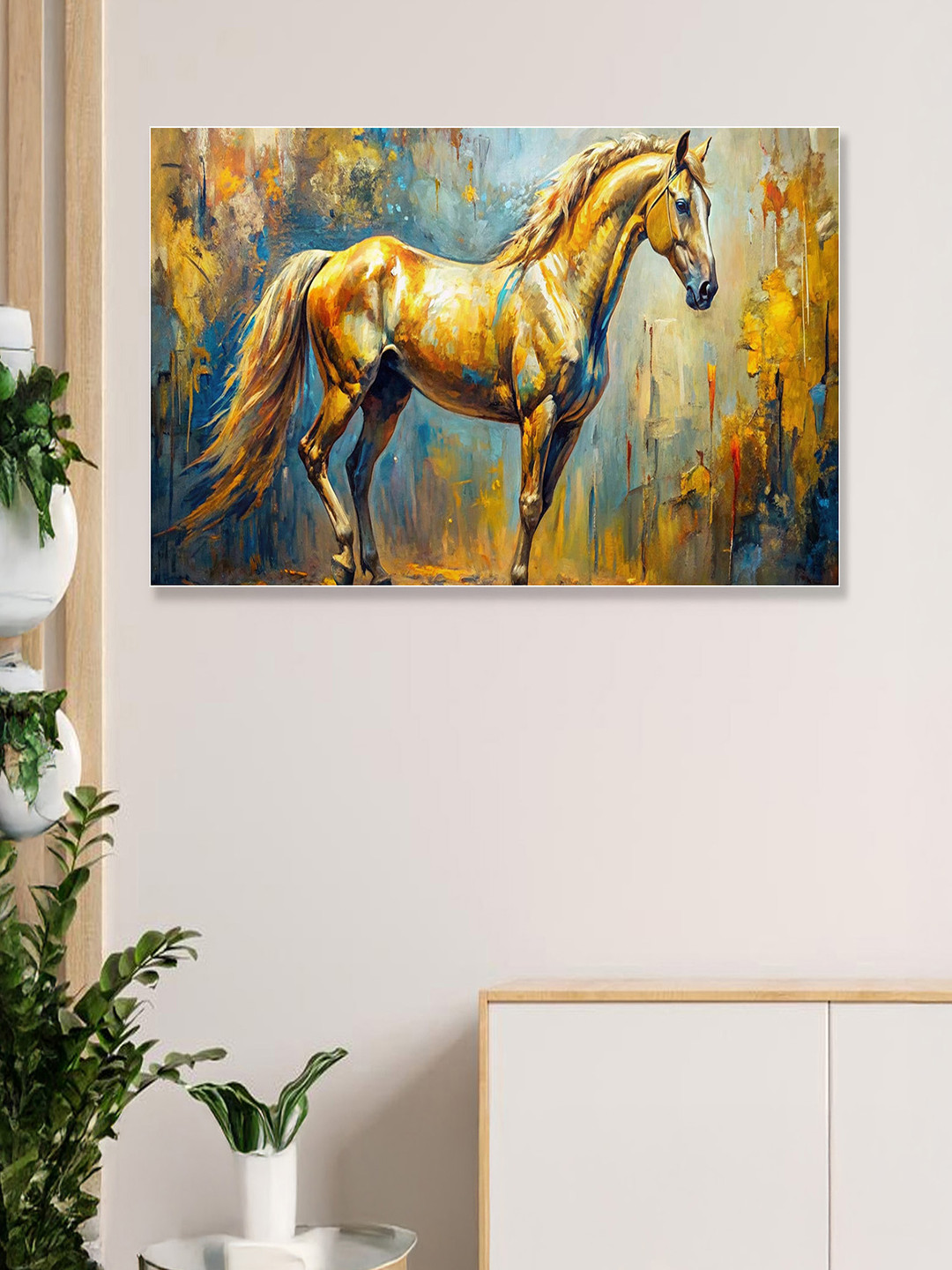 nestroots Gold-Toned & Blue Horse Equine Serenity in Nature Canvas Paintings Wall Art