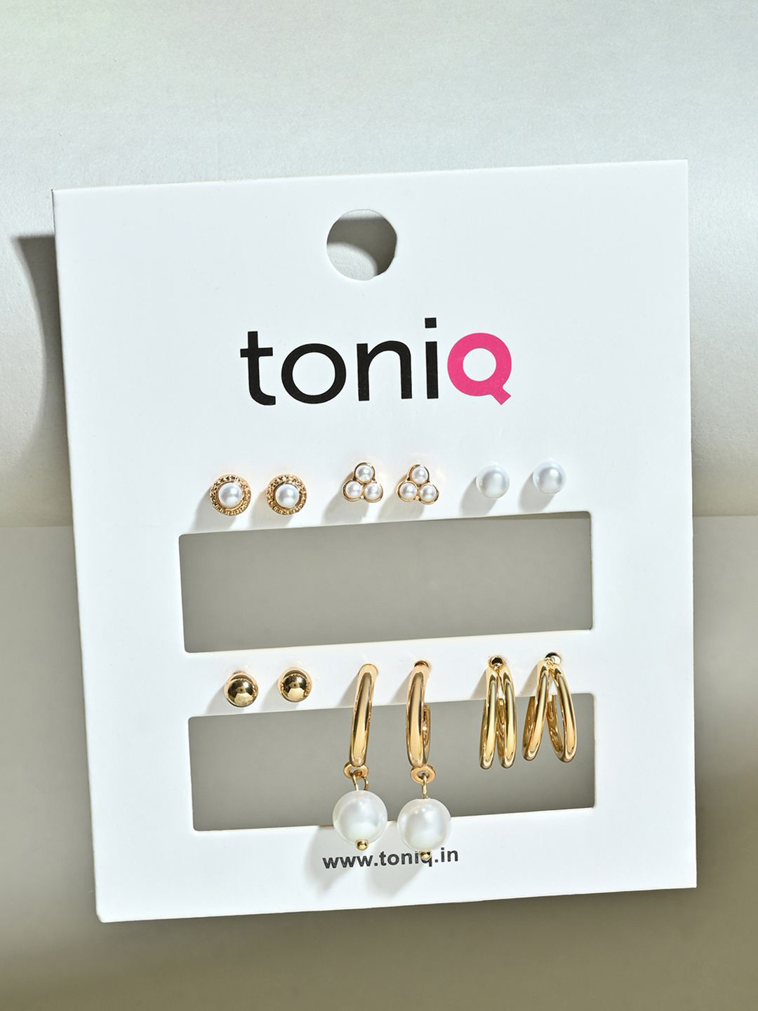 ToniQ Set of 6 Gold Plated & Pearls Studded Hoops Ear Stackers