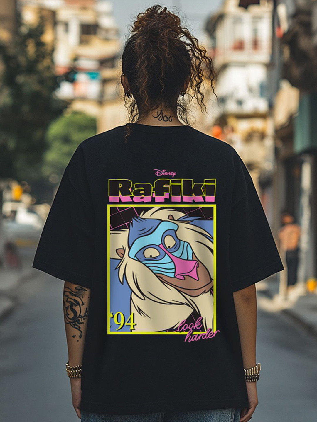 JUNEBERRY Disney Lion King Women Black Printed Round Neck Relaxed Fit Oversized T-shirt