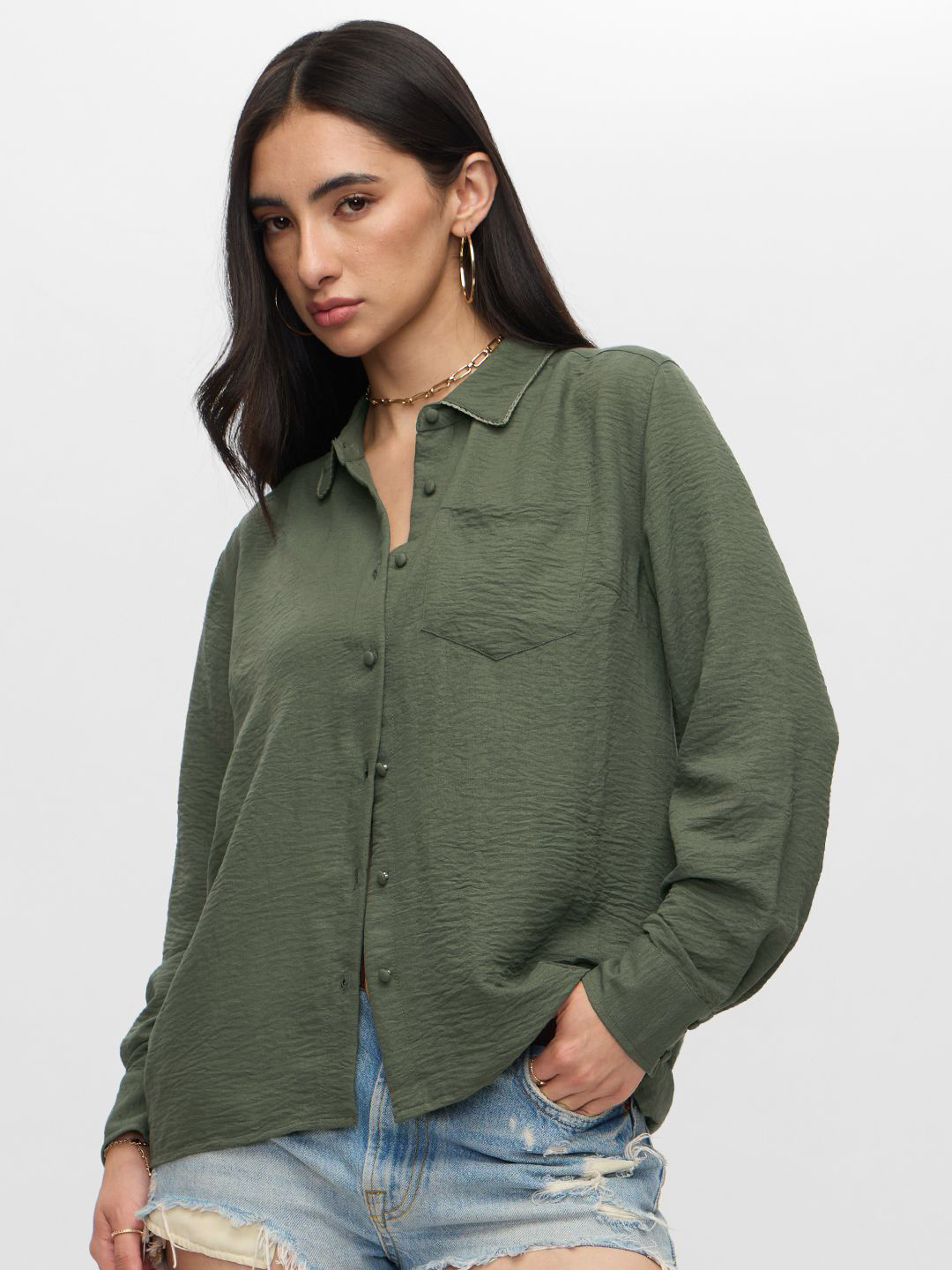 The Souled Store Women Regular Fit Textured Printed Green Shirts