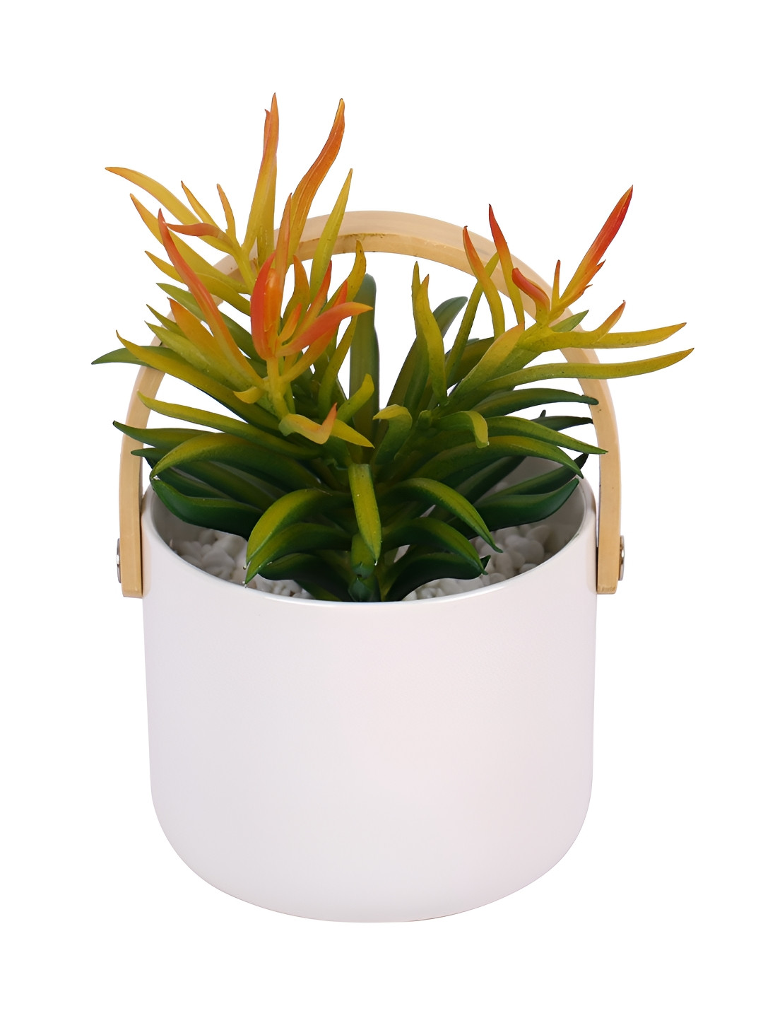 EarthCraft Green & White Succulent Artificial Plant In Ceramic Pot With Handle