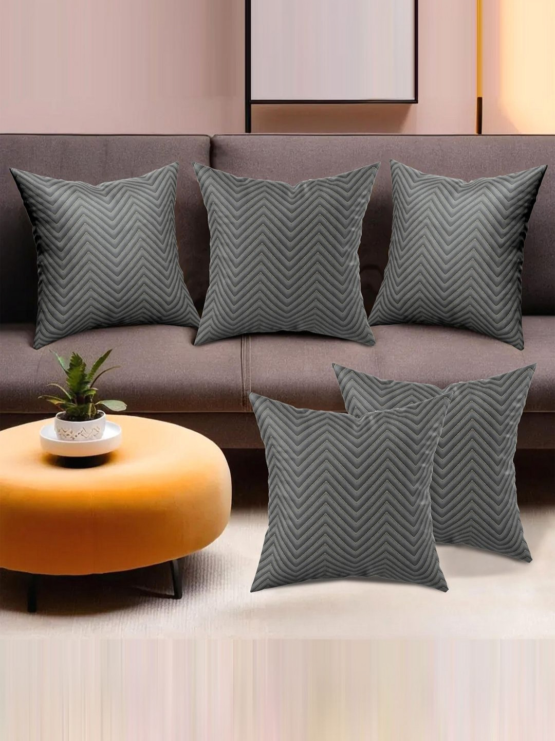 Aura Zip Zig Grey Chevron Polyester Durable 5 Pcs Square Cushion Covers - 15.7 x 15.7 In