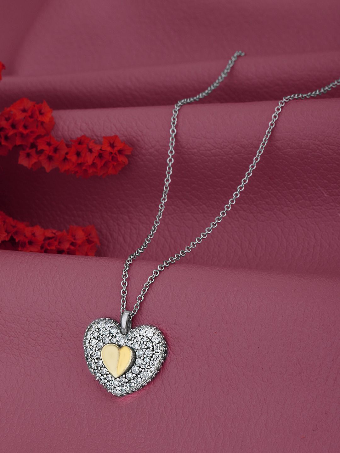 Carlton London 18kt Gold & Rhodium Plated Two Tone CZ Heart Pendant with Chain