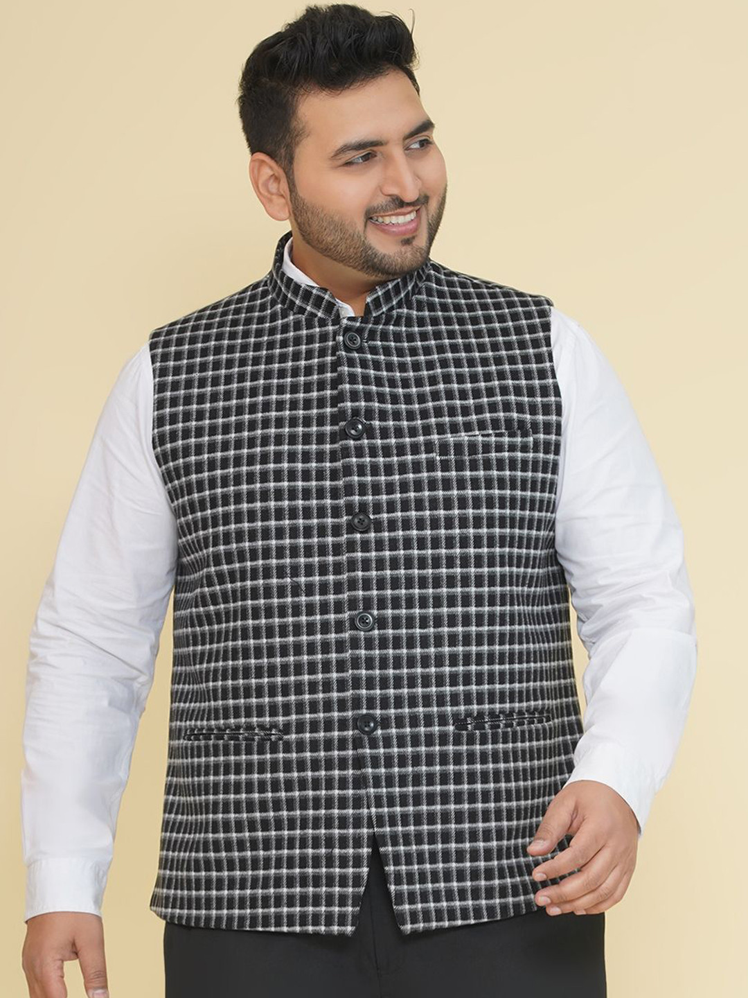 John Pride Checked Plus Size Nehru Jacket