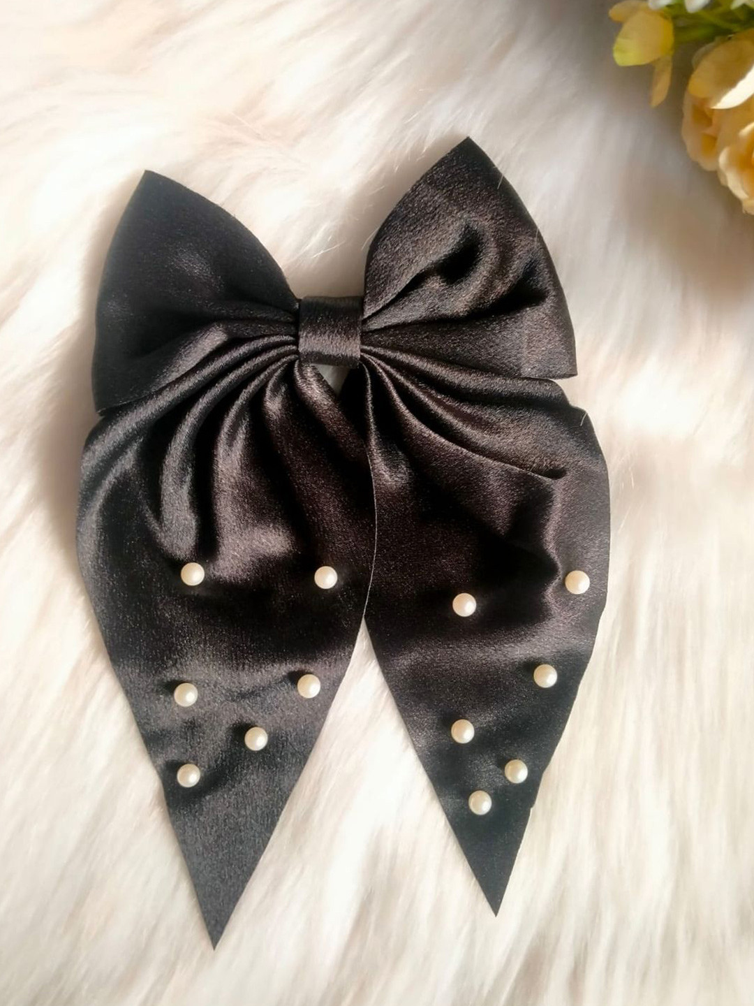 LYKAA Set of 1 Black Large Satin Hair Bow with Pearls